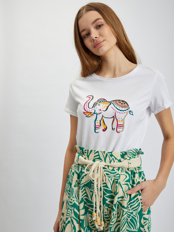 Orsay Cremefarbene und grün gemusterte Damen-Shorts mit Leinen ORSAY