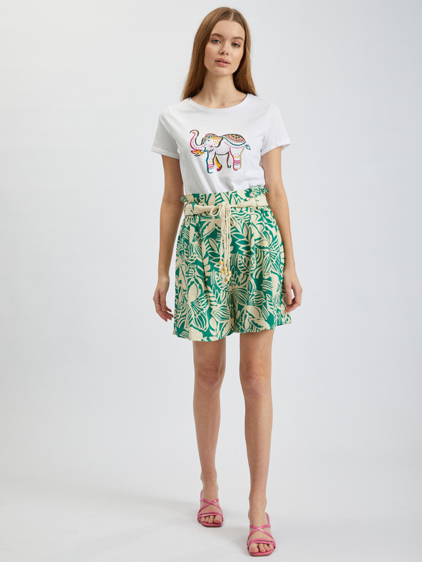 Orsay Cremefarbene und grün gemusterte Damen-Shorts mit Leinen ORSAY