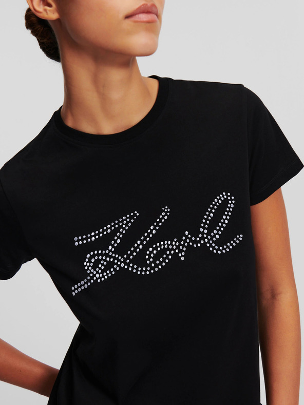 Karl Lagerfeld Schwarzes Damen-T-Shirt KARL LAGERFELD Strass-Logo