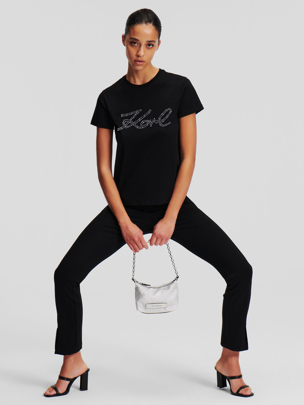 Karl Lagerfeld Schwarzes Damen-T-Shirt KARL LAGERFELD Strass-Logo