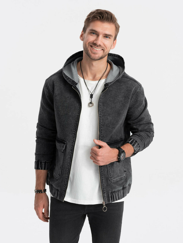 Ombre Clothing Schwarze Herren-Jeansjacke mit Kapuze Ombre Clothing