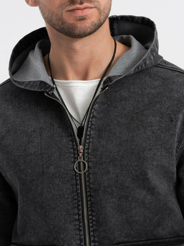 Ombre Clothing Schwarze Herren-Jeansjacke mit Kapuze Ombre Clothing
