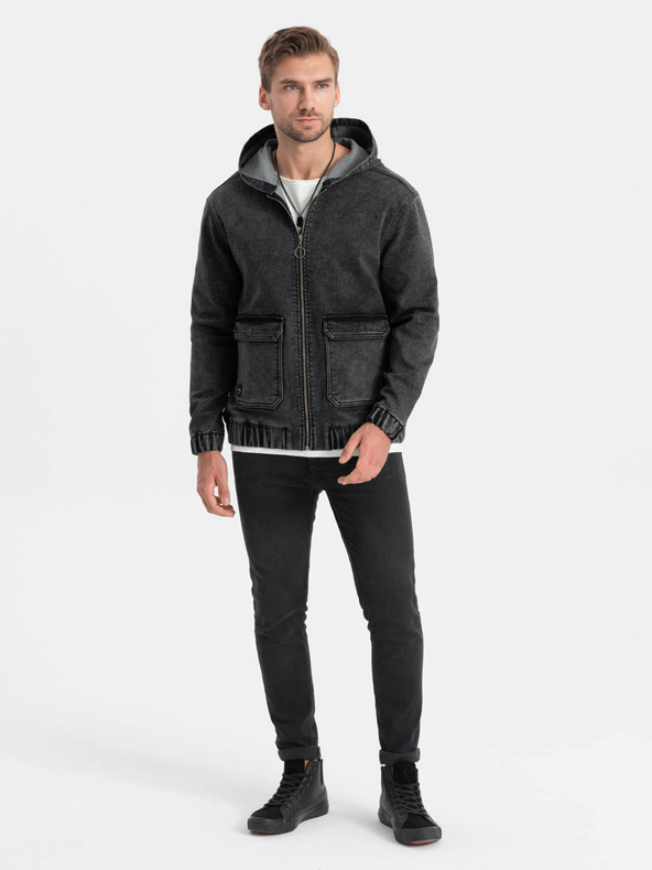 Ombre Clothing Schwarze Herren-Jeansjacke mit Kapuze Ombre Clothing
