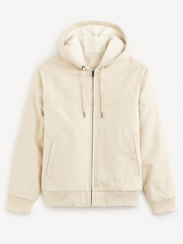 Celio Cremefarbene Herren-Kunstfelljacke Celio Fuhoodie