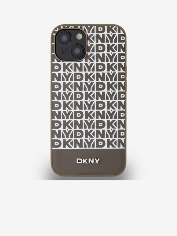 DKNY PU Leather Repeat Pattern Bottom Stripe MagSafe Back Cover for iPhone 14 Brown DKNY