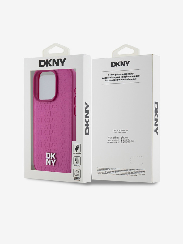 DKNY PU Leder Wiederholungsmuster Stack Logo Magsafe Schutzhülle für iPhone 15 Pro Pink DKNY