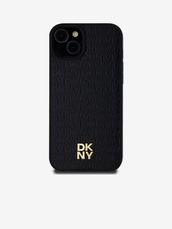 DKNY PU Leder Repeat Pattern Stack Logo Magsafe Back Cover für iPhone 15 Plus Schwarz DKNY