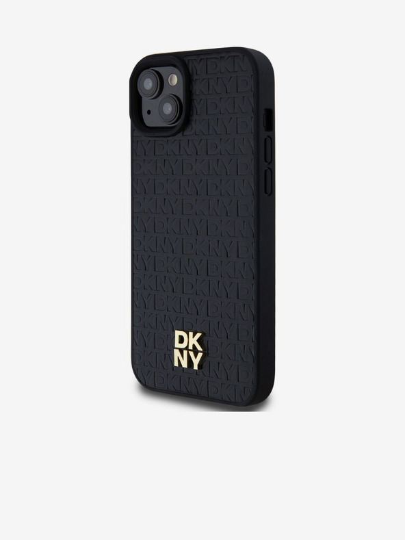 DKNY PU Leder Repeat Pattern Stack Logo Magsafe Back Cover für iPhone 15 Plus Schwarz DKNY