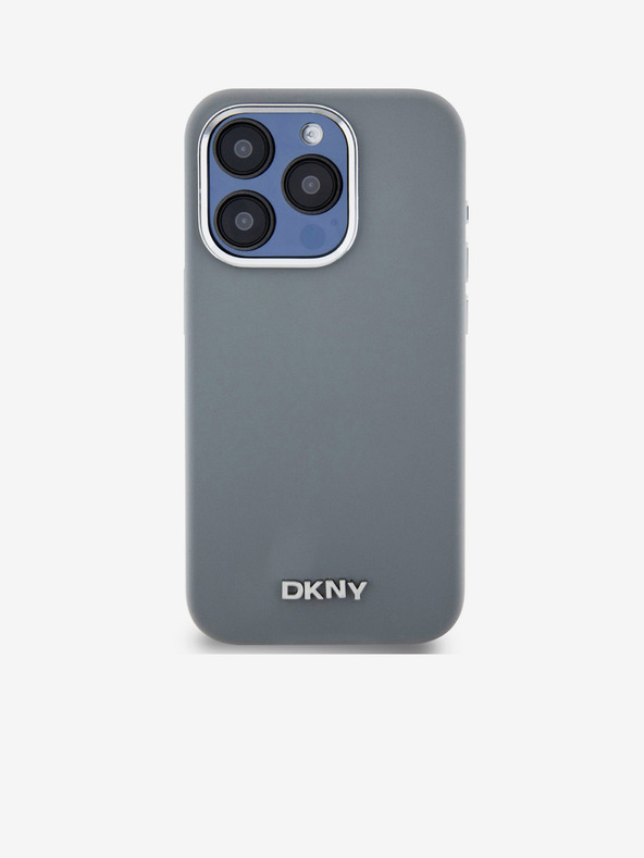 DKNY Liquid Silicone Silber Metall Logo Magsafe Back Cover für iPhone 15 Pro Grau DKNY