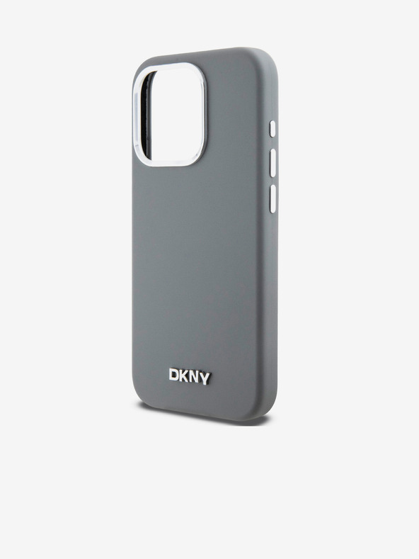 DKNY Liquid Silicone Silber Metall Logo Magsafe Back Cover für iPhone 15 Pro Grau DKNY
