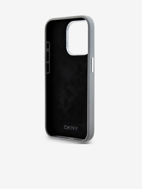 DKNY Liquid Silicone Silber Metall Logo Magsafe Back Cover für iPhone 15 Pro Grau DKNY