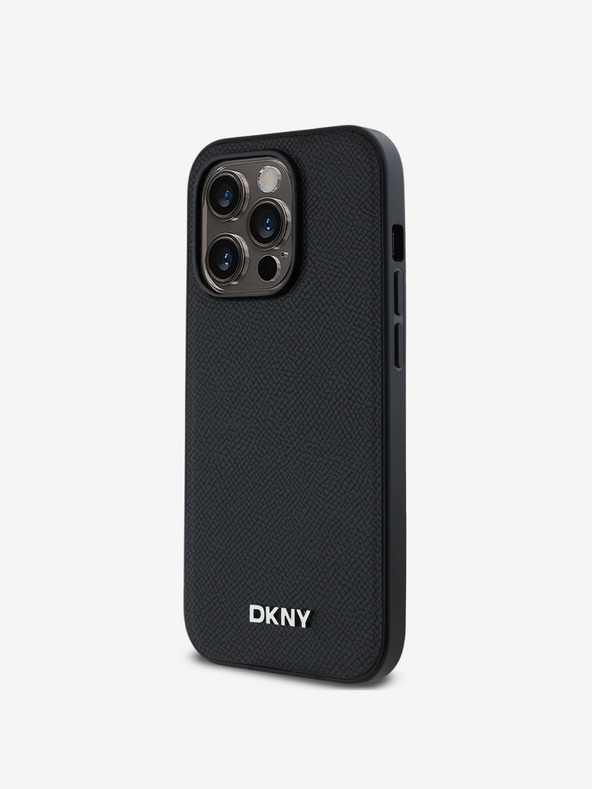 DKNY PU Leder Silber Metall Logo Magsafe Back Cover für iPhone 14 Pro Max Schwarz DKNY