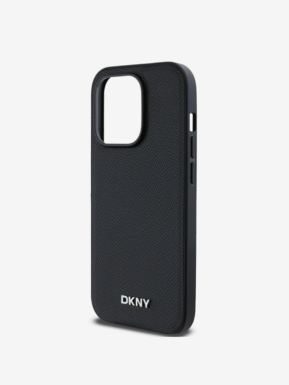 DKNY PU Leder Silber Metall Logo Magsafe Back Cover für iPhone 14 Pro Max Schwarz DKNY