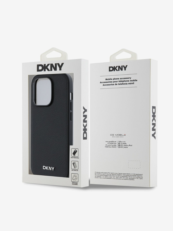 DKNY PU Leder Silber Metall Logo Magsafe Back Cover für iPhone 14 Pro Max Schwarz DKNY