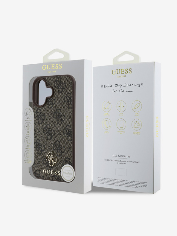 Guess Guess PU 4G Small Metall Logo MagSafe Back Cover für iPhone 16 Braun