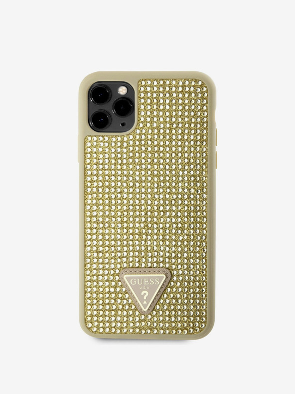 Guess Guess Strasssteinchen Dreieck Metall Logo Hülle für iPhone 11 Pro Max Gold