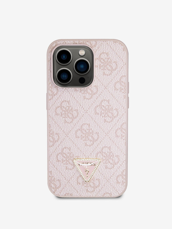 Guess PU 4G Strass Triangle Metal Logo Rückseite Hülle für iPhone 15 Pro Pink Handyhülle