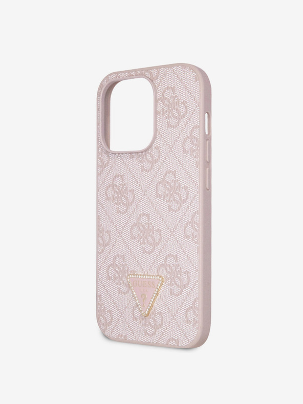 Guess PU 4G Strass Triangle Metal Logo Rückseite Hülle für iPhone 15 Pro Pink Handyhülle