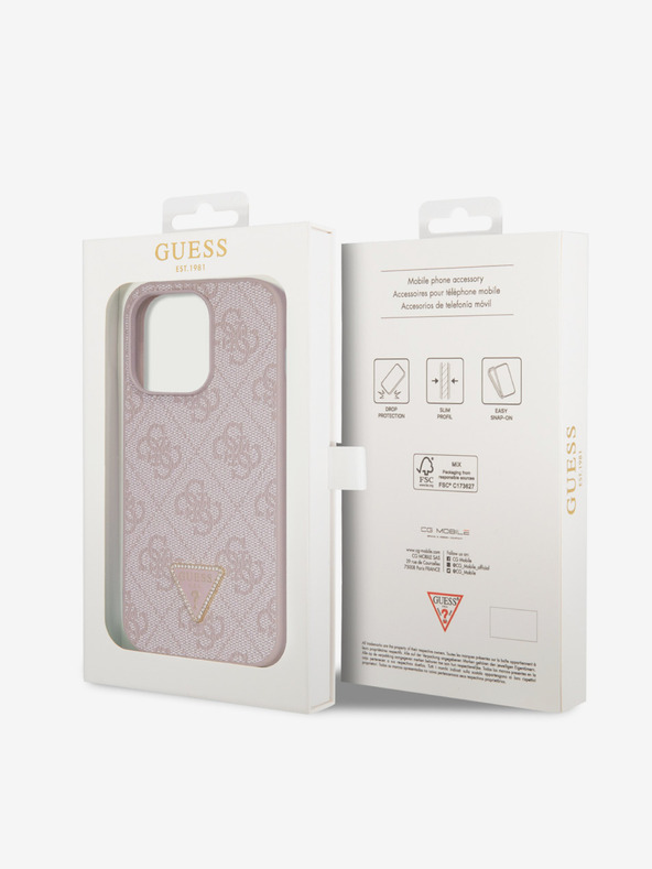 Guess PU 4G Strass Triangle Metal Logo Rückseite Hülle für iPhone 15 Pro Pink Handyhülle