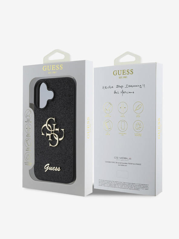 Guess Guess PU Fixed Glitter 4G Metall-Logo Back Cover für iPhone 16 Schwarz