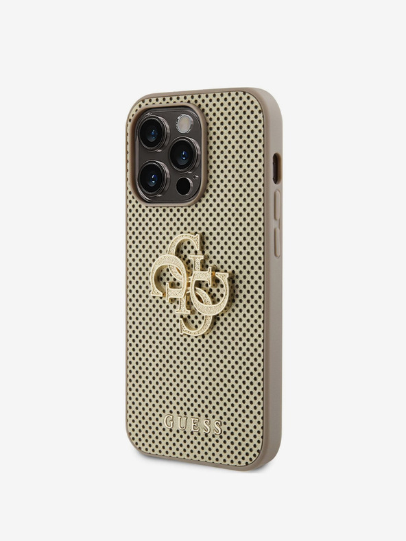 Guess Guess PU Perforated 4G Glitter Metal Logo Back Cover für iPhone 15 Pro Gold