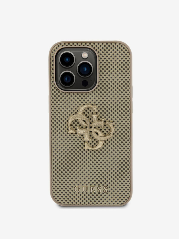 Guess Guess PU Perforated 4G Glitter Metal Logo Back Cover für iPhone 15 Pro Gold