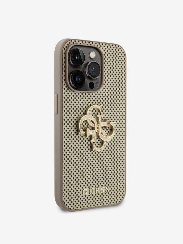 Guess Guess PU Perforated 4G Glitter Metal Logo Back Cover für iPhone 15 Pro Gold