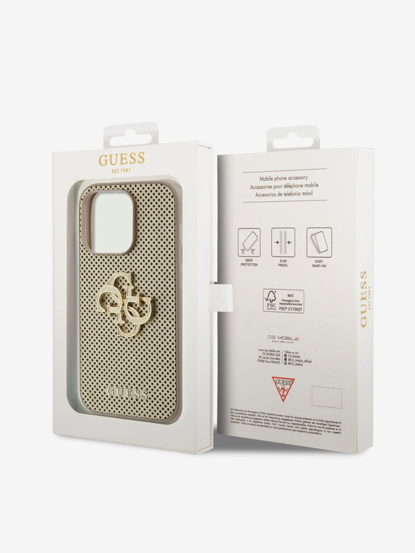 Guess Guess PU Perforated 4G Glitter Metal Logo Back Cover für iPhone 15 Pro Gold