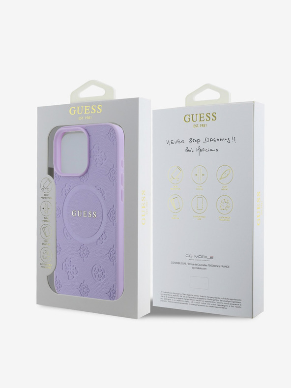 Guess Guess Saffiano Peony Stamp MagSafe Back Cover für iPhone 16 Pro Lila