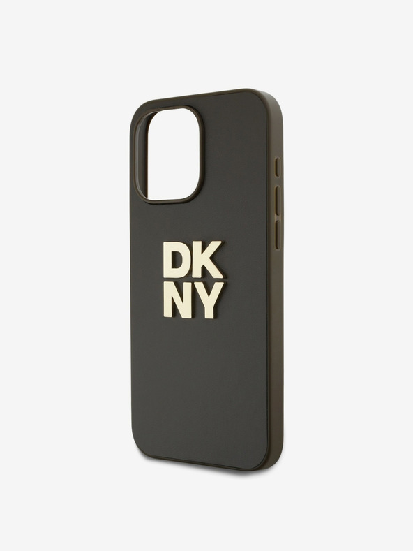 DKNY PU Leather Stack Logo Wrist Strap Back Cover für iPhone 15 Pro Max Braun DKNY