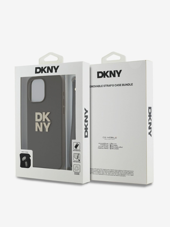DKNY PU Leather Stack Logo Wrist Strap Back Cover für iPhone 15 Pro Max Braun DKNY