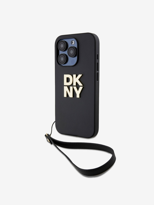 DKNY PU Leather Stack Logo Wrist Strap Back Cover für iPhone 15 Pro Schwarz DKNY