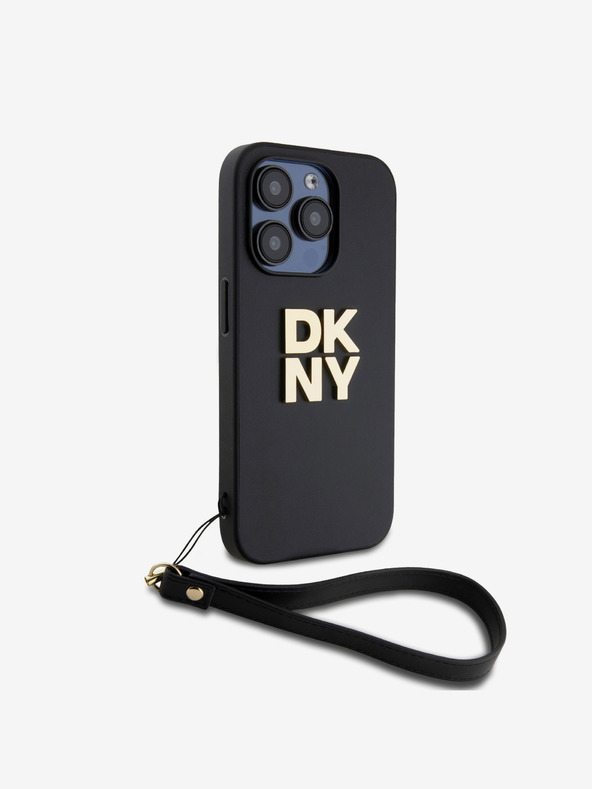 DKNY PU Leather Stack Logo Wrist Strap Back Cover für iPhone 15 Pro Schwarz DKNY
