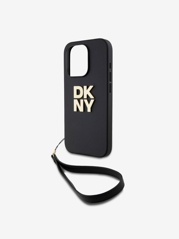 DKNY PU Leather Stack Logo Wrist Strap Back Cover für iPhone 15 Pro Schwarz DKNY