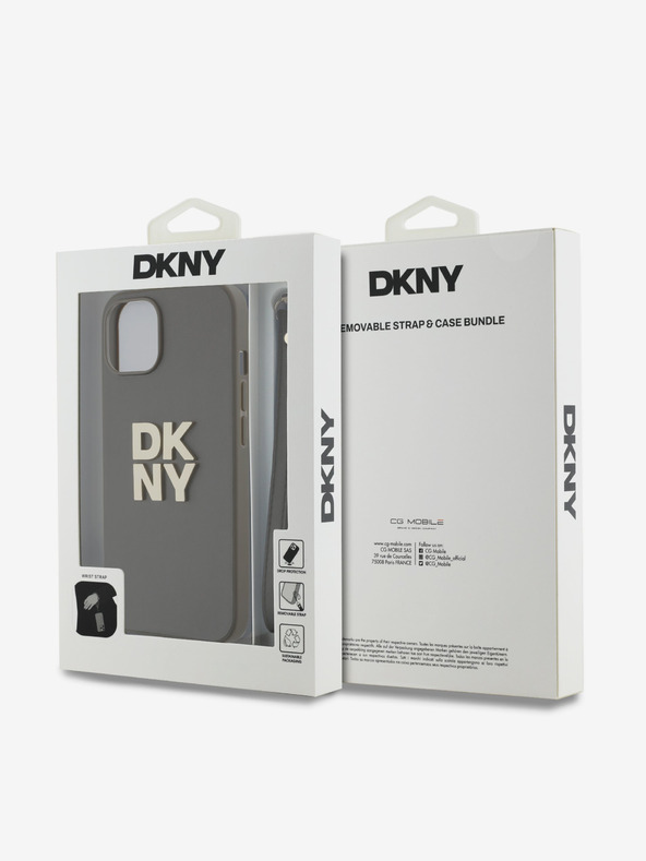 DKNY PU Leather Stack Logo Wrist Strap Back Cover für iPhone 14 Braun DKNY
