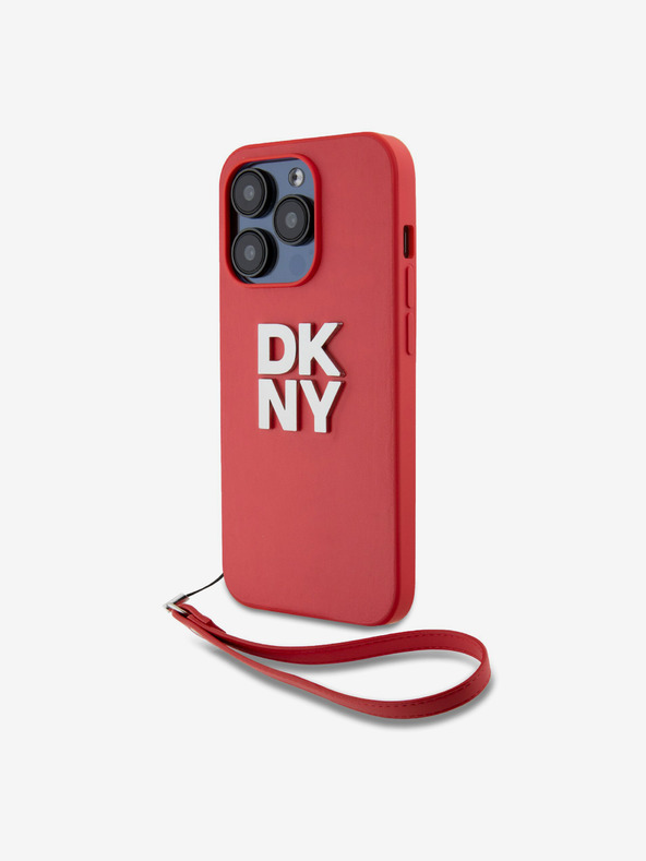 DKNY PU Leder Stack Logo Wrist Strap Rückendeckung für iPhone 14 Pro Rot DKNY
