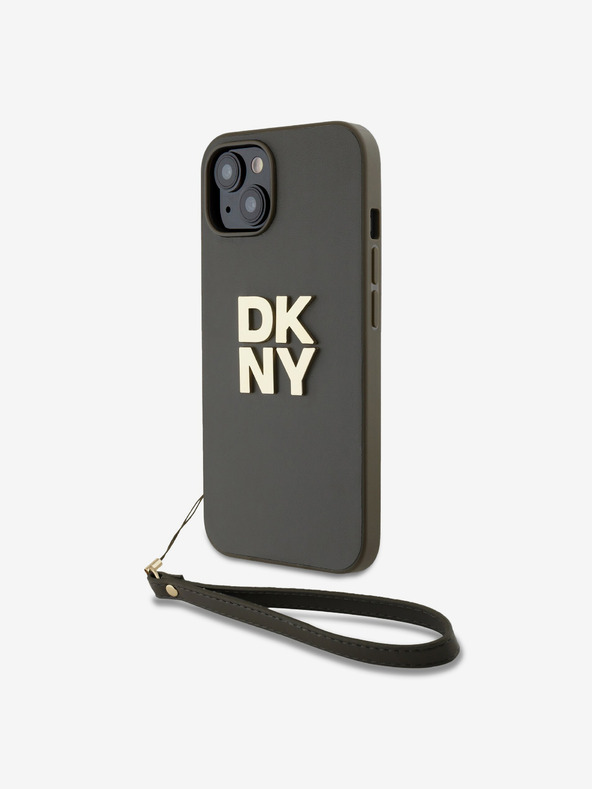 DKNY PU Leather Stack Logo Wrist Strap Back Cover für iPhone 13 Braun DKNY