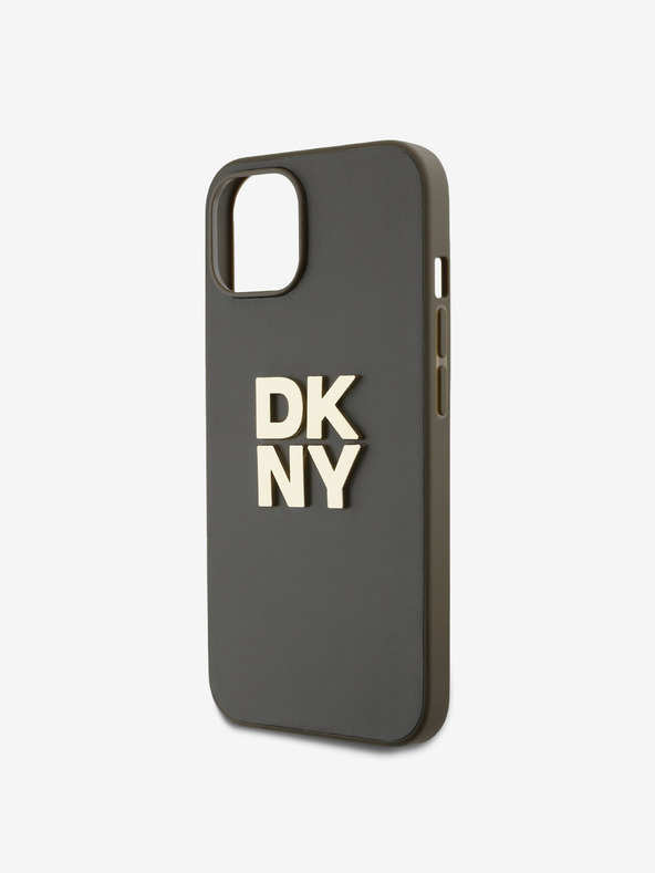 DKNY PU Leather Stack Logo Wrist Strap Back Cover für iPhone 13 Braun DKNY