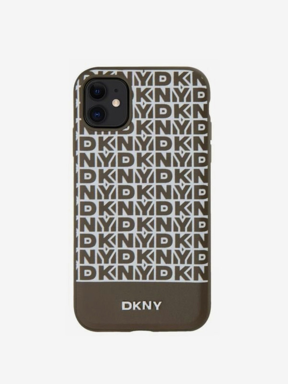 DKNY PU Leather Repeat Pattern Bottom Stripe MagSafe Back Cover for iPhone 11 Brown DKNY