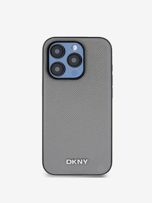 DKNY PU Leder Silber Metall Logo Magsafe Schutzhülle für iPhone 14 Pro Grau DKNY