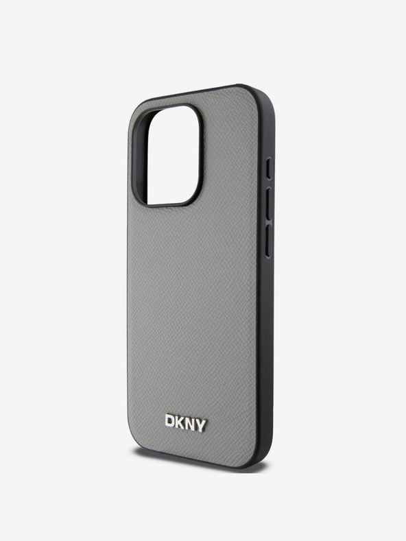 DKNY PU Leder Silber Metall Logo Magsafe Schutzhülle für iPhone 14 Pro Grau DKNY