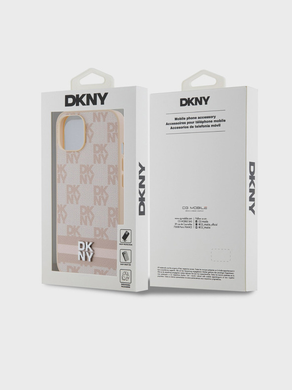 DKNY Rückseite aus PU-Leder mit Karomuster und Streifen für das iPhone 15 Pink DKNY