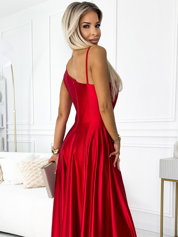 numoco Elegantes langes Kleid aus Satin mit einer Schulter - rot Numoco