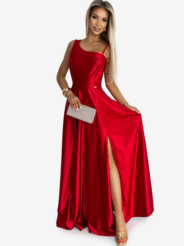 numoco Elegantes langes Kleid aus Satin mit einer Schulter - rot Numoco