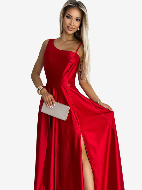numoco Elegantes langes Kleid aus Satin mit einer Schulter - rot Numoco