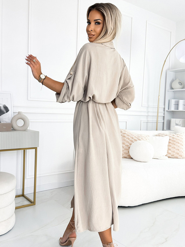 numoco Midikleid in Shirtwaist mit goldenen Knöpfen und Krawatte - beige Numoco
