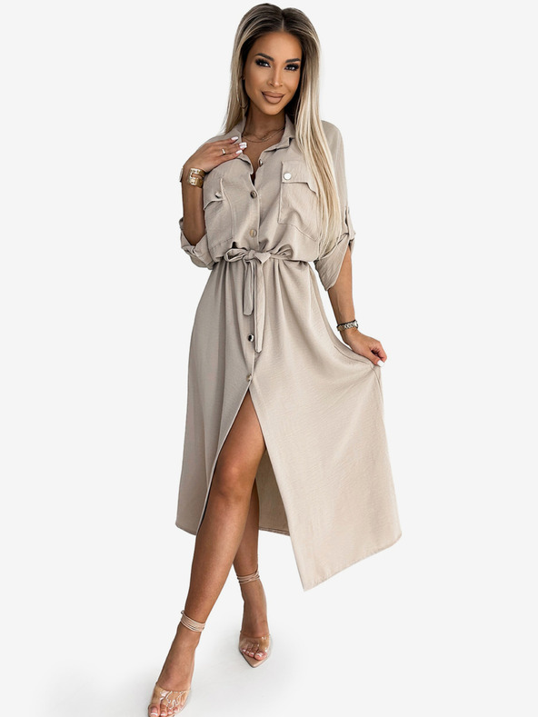 numoco Midikleid in Shirtwaist mit goldenen Knöpfen und Krawatte - beige Numoco