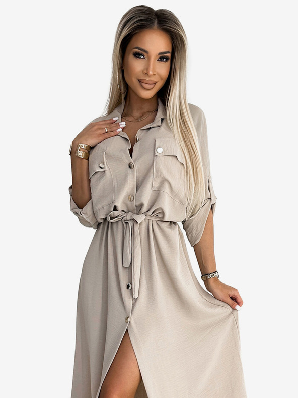 numoco Midikleid in Shirtwaist mit goldenen Knöpfen und Krawatte - beige Numoco