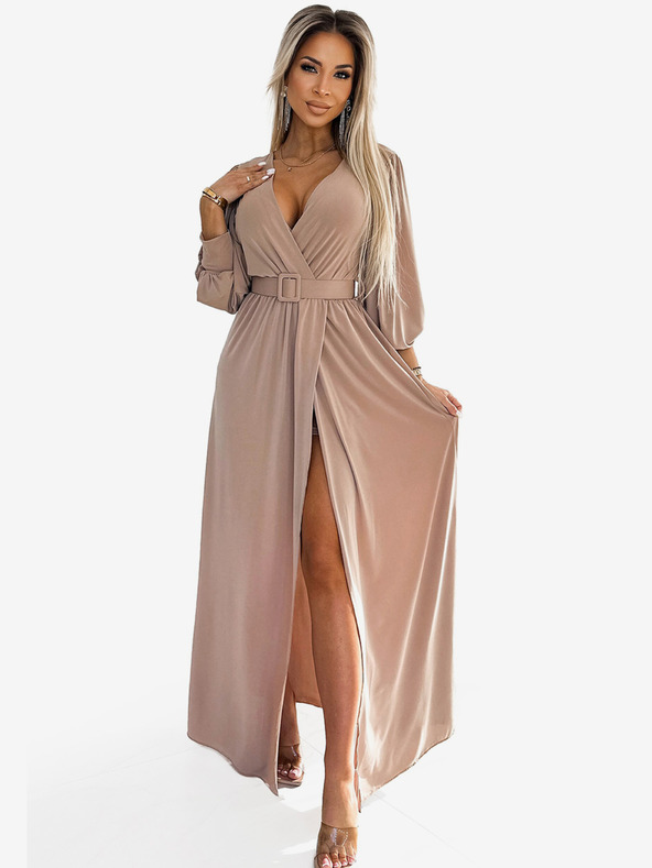 numoco FIORELLA Langes Kleid mit breitem Gürtel und Ausschnitt - beige Numoco
