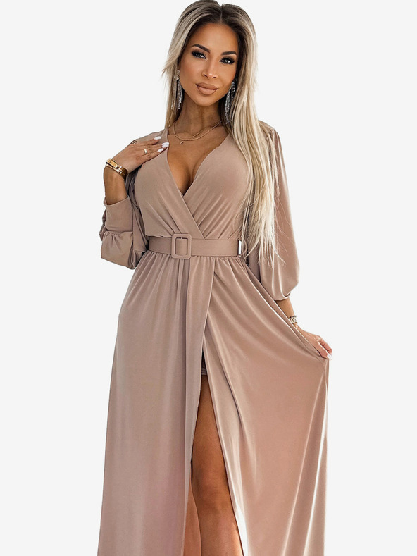 numoco FIORELLA Langes Kleid mit breitem Gürtel und Ausschnitt - beige Numoco